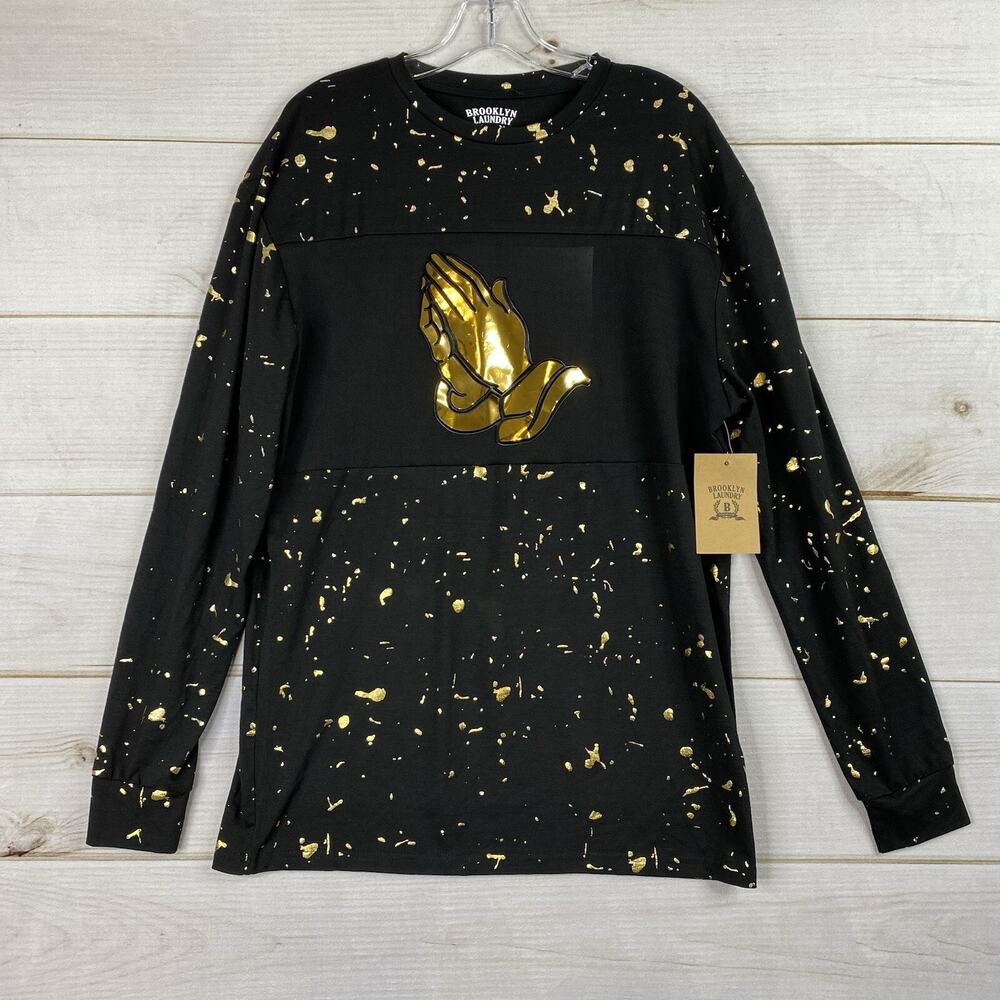 BROOKLYN LAUNDRY Mens Shirt Sz M Black Gold Praying Hands Pullover Long Sleeve